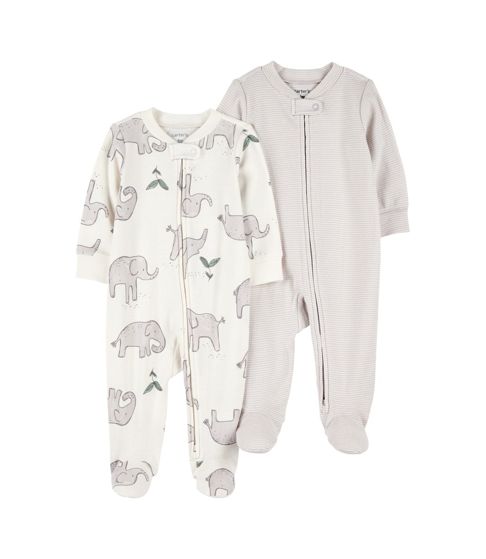 2er-Pack Schlafoverall mit Fuß Ringel Elefanten