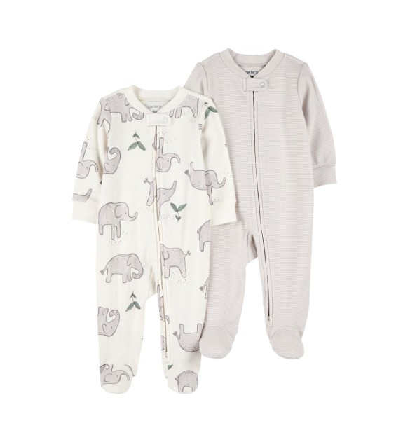 2er-Pack Schlafoverall mit Fuß Ringel Elefanten