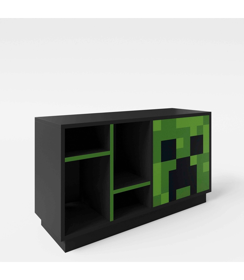 TV-Lowboard mit Tuer mit Push-Open und 4 offenen Fächern, Kabeldurchfü