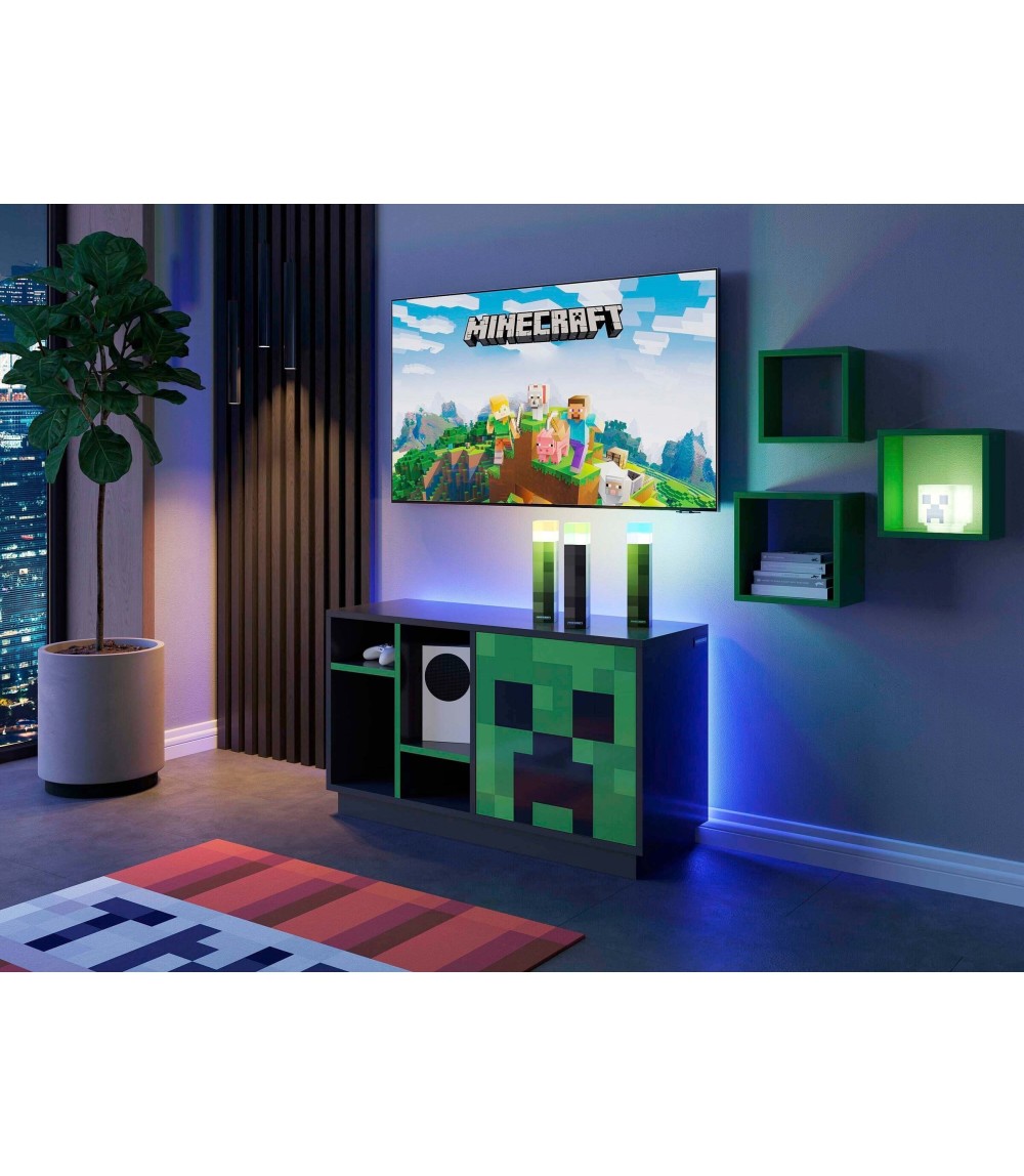 TV-Lowboard mit Tuer mit Push-Open und 4 offenen Fächern, Kabeldurchfü