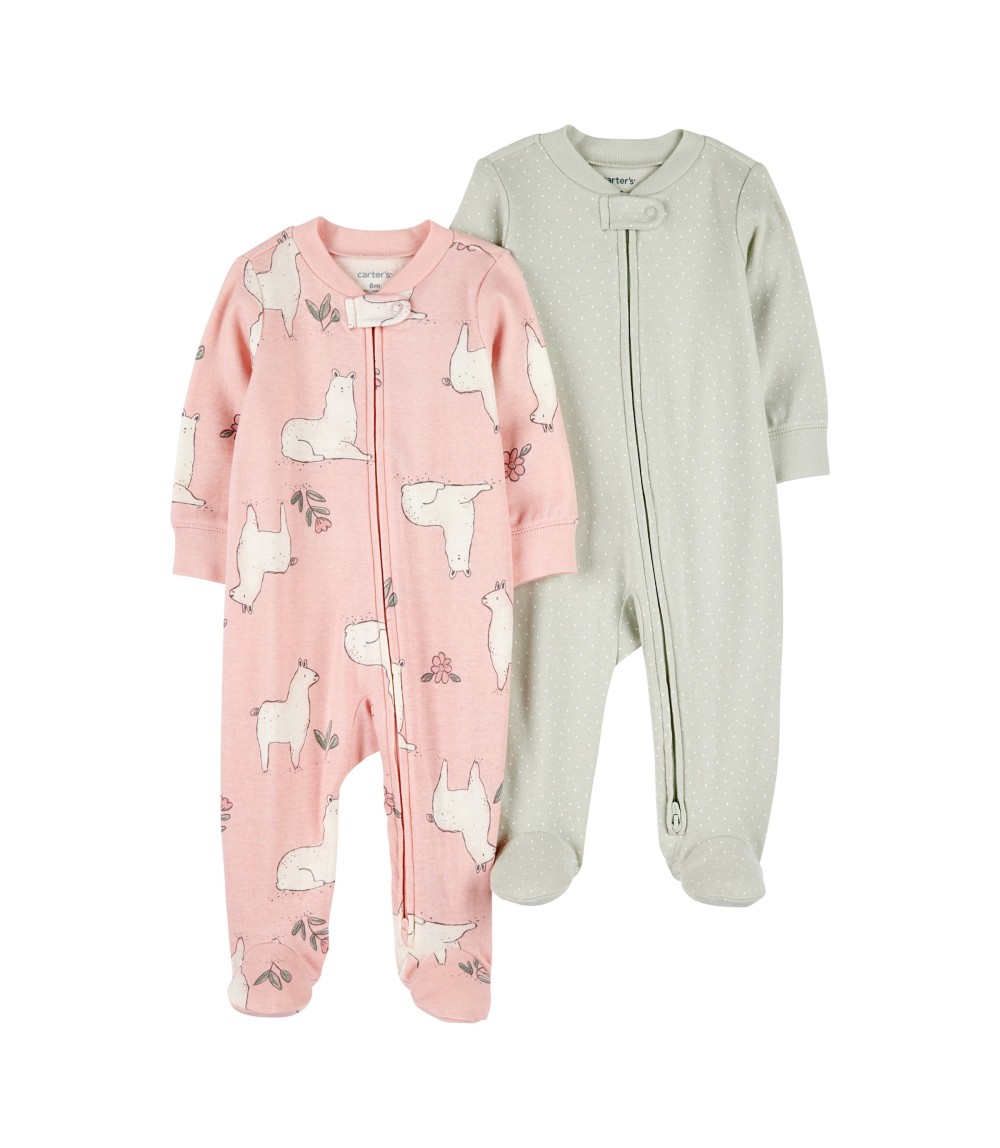 2er-Pack Schlafoverall mit Fuß Lamas Punkte