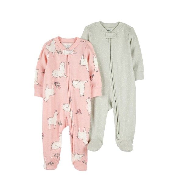 2er-Pack Schlafoverall mit Fuß Lamas Punkte