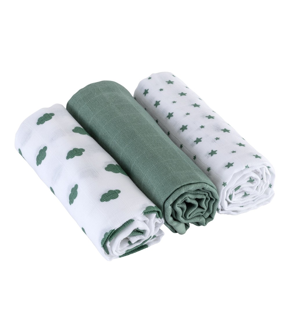 3er-Pack Mullwindeln Wolken und Sterne 80x80 cm