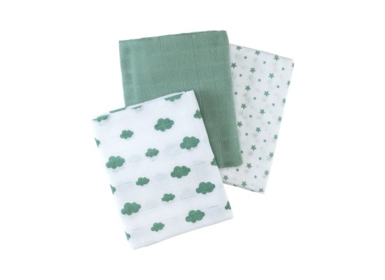 3er-Pack Mullwindeln Wolken und Sterne 80x80 cm
