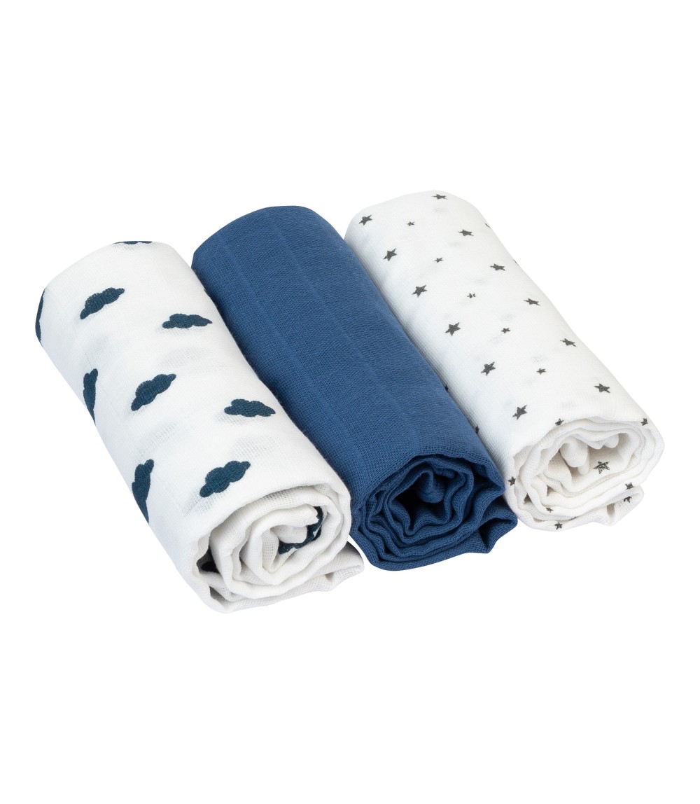3er-Pack Mullwindeln Wolken und Sterne 80x80 cm