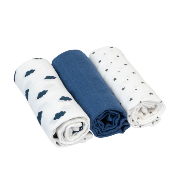 3er-Pack Mullwindeln Wolken und Sterne 80x80 cm