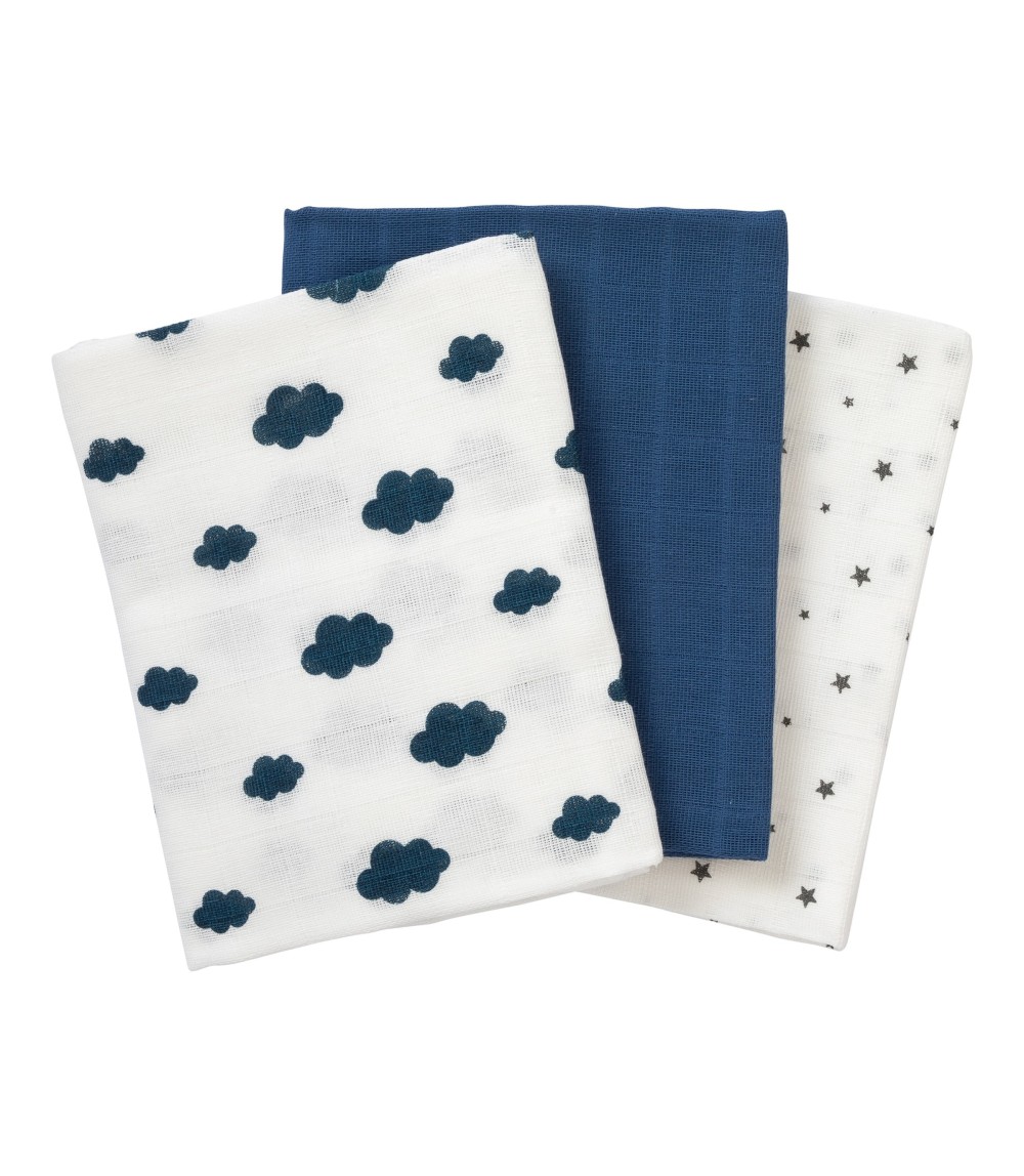 3er-Pack Mullwindeln Wolken und Sterne 80x80 cm