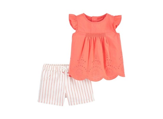 2-tlg. Set T-Shirt Flügelarm Lochspitze und Shorts Streifen