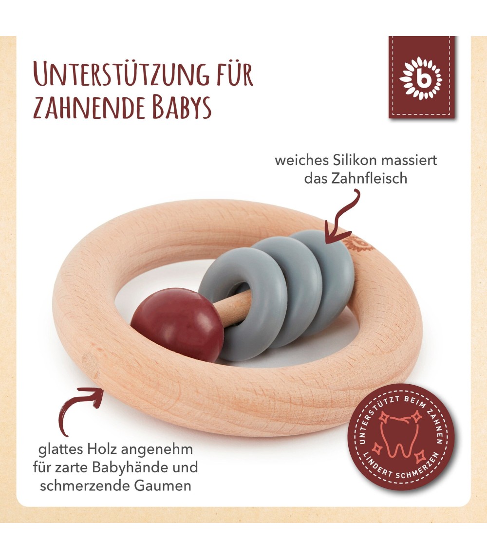 Holz Beißring mit Silikonball Rund - ab Geburt