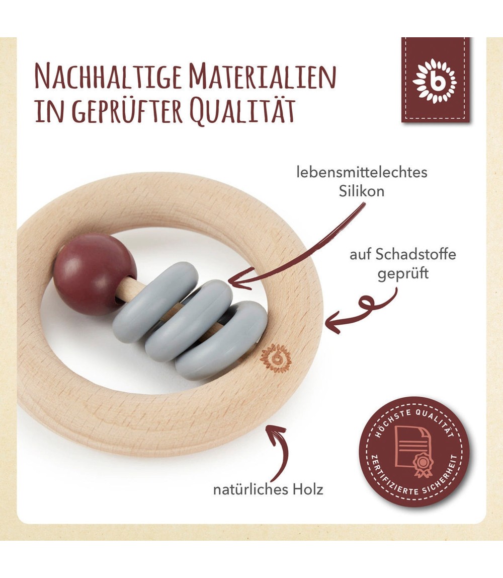 Holz Beißring mit Silikonball Rund - ab Geburt